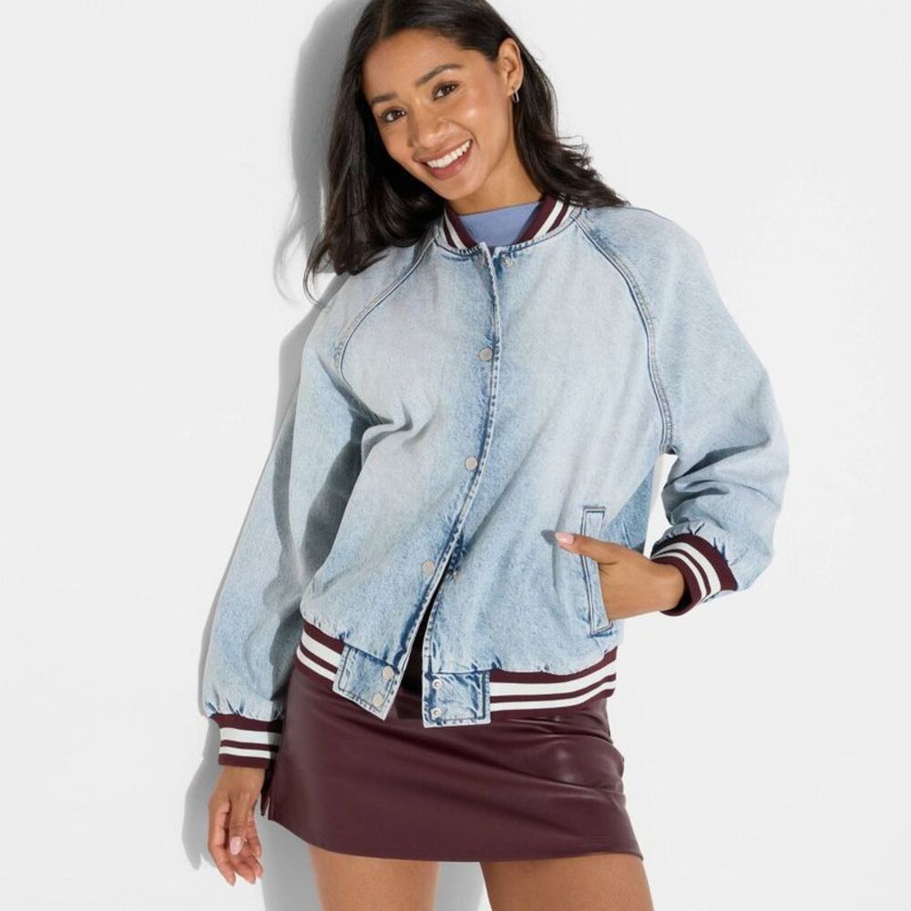 Women's Denim Varsity Jacket - Wild Fable Medium Wash XXS